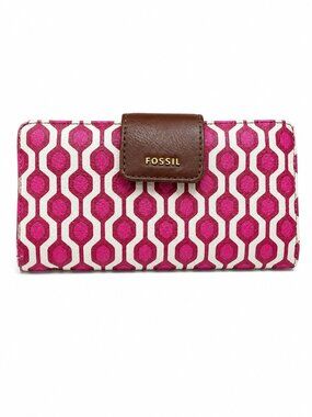 FOSSIL Madison Slim Clutch Wallet Faux Leather Snap Close Bi-Fold Wine Multi